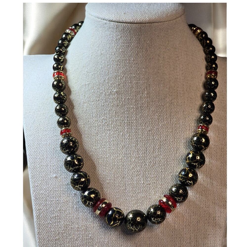 Black Gold Crackle Bead Necklace Red Accents – Signed Japan Vintage Luxe